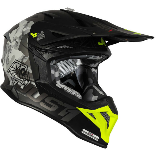 CASCO MOTO CROSS CAMO GIALLO FLUO NERO OPACO JUST1 J39 KINETIC