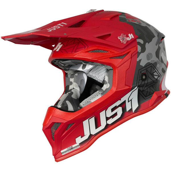 CASCO MOTO CROSS CAMO NERO ROSSO FLUO OPACO JUST1 J39 KINETIC