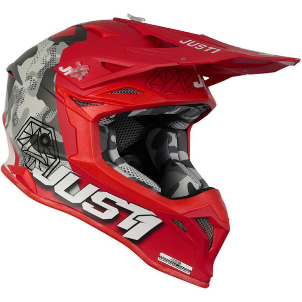 CASCO MOTO CROSS CAMO NERO ROSSO FLUO OPACO JUST1 J39 KINETIC