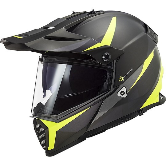 Casco Cross Enduro Off Road Moto Ls2 MX436 PIONEER EVO Router Nero Opaco Giallo Fluo