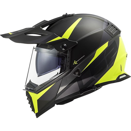 Casco Cross Enduro Off Road Moto Ls2 MX436 PIONEER EVO Router Nero Opaco Giallo Fluo