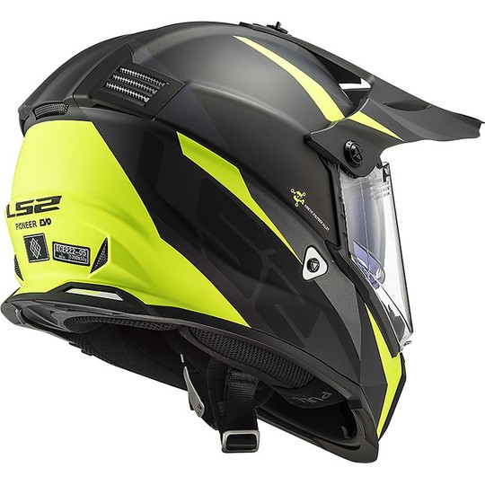 Casco Cross Enduro Off Road Moto Ls2 MX436 PIONEER EVO Router Nero Opaco Giallo Fluo